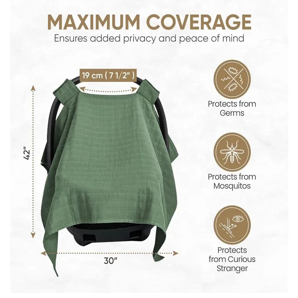 Mozah 100% Organic Muslin Baby Car Seat Cover Carseat Canopy Car Seat Green NEW